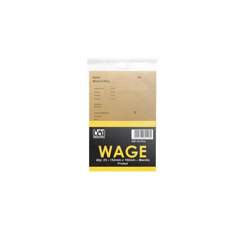 [6009548869142] Envelope Printed Wage 64P 152mm x 102mm Manilla 25`s - Treeline