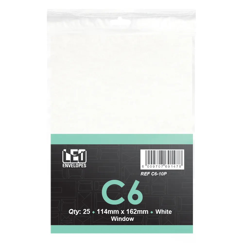 [6009707691478] Envelope C6-10P 114mm x 162mm White Window 25`s - Treeline